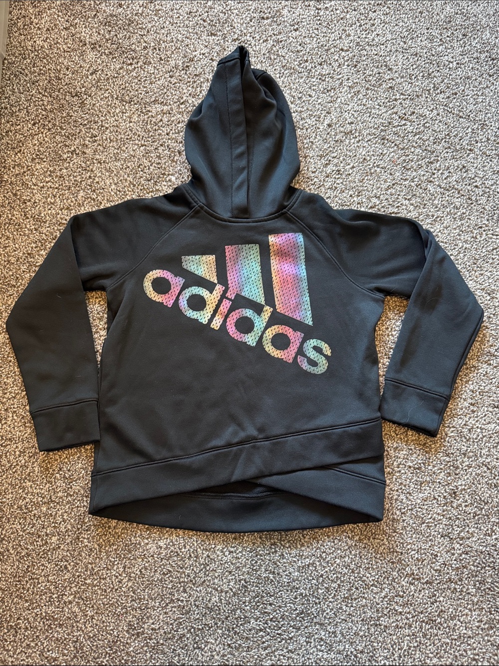 adidas Black Hoodie with Iridescent Rainbow Logo